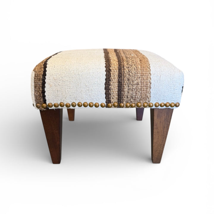 Custom Footstool Upholstered in a Vintage Striped Rug, Turkey with Wood Legs