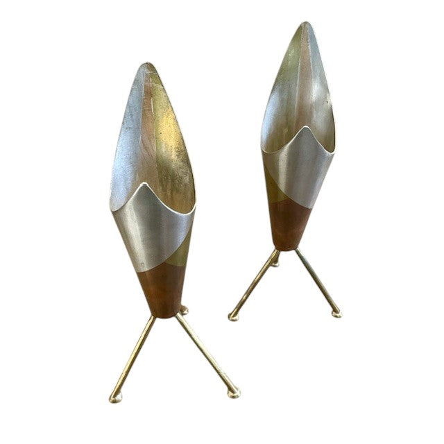 Mid-Century E. Cabello C.A. Mexico Mixed Metal Candle Holders | Pair