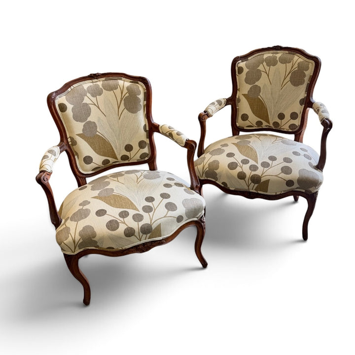 Antique French Hand-Carved Wood Armchairs, Newly Upholstered | Pair