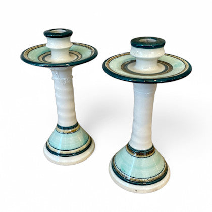 Vintage Striped Pottery Candlesticks with Drip Catcher| Pair