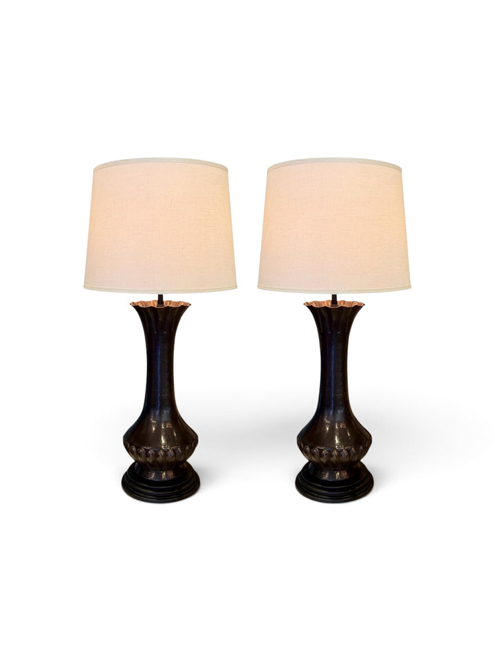 Tall Vintage Hand-Hammered Bronze Table Lamps | Pair
