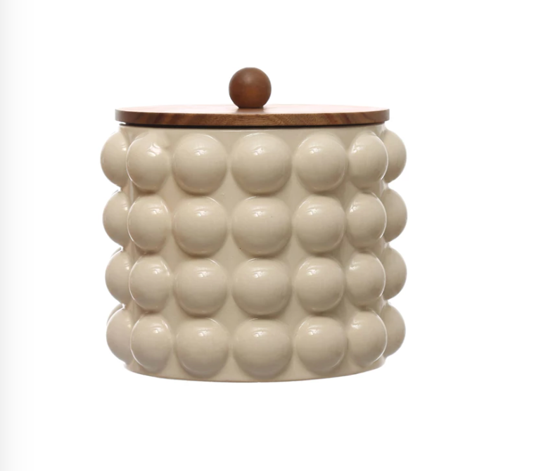 Stoneware Canister w/ Raised Dots & Acacia Wood Lid | A