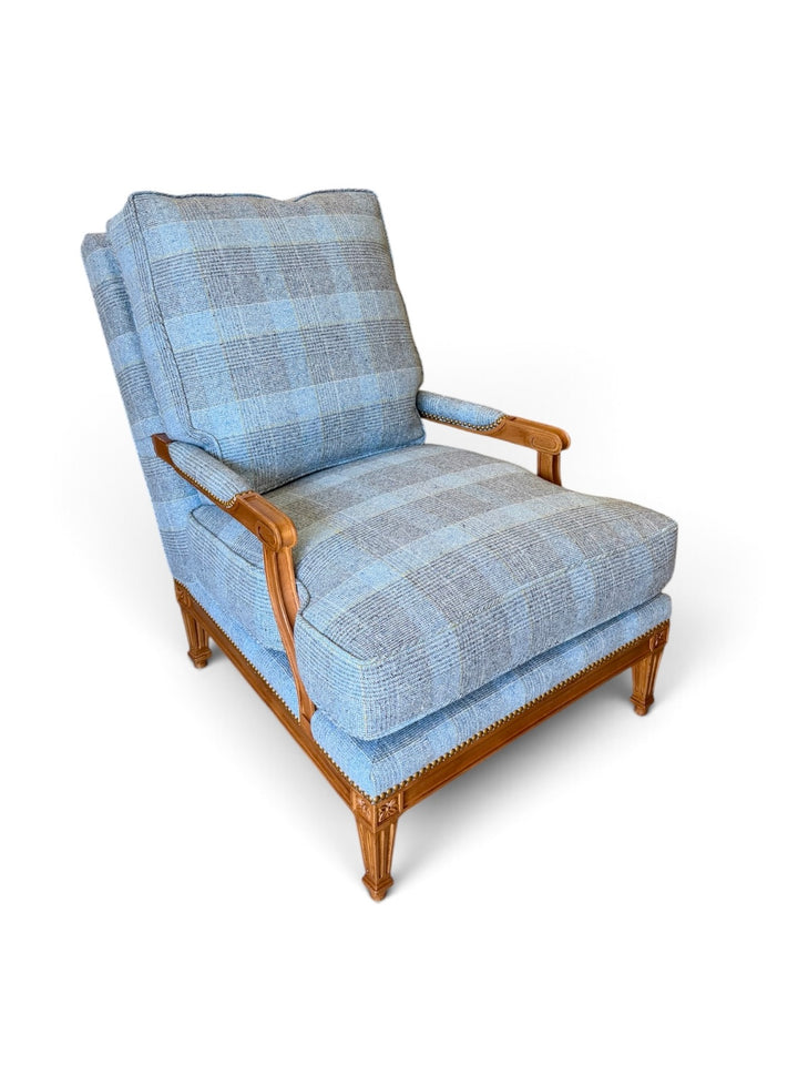 Vintage Oversized Lounge Chair Newly Upholstered in Chambray Wool Plaid