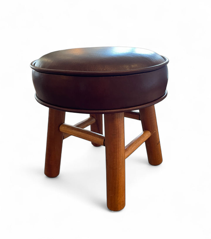 Small Vintage Footstool, Newly Upholstered in Brown Leather