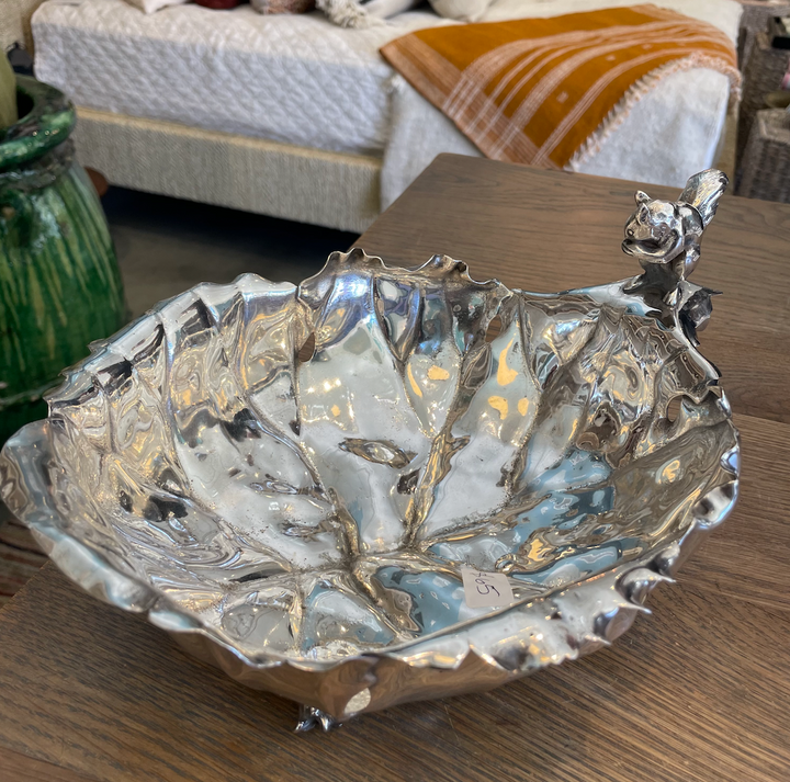 Antique Pairpoint Silver Plate Large Leaf Bowl w/ Squirrel Accent