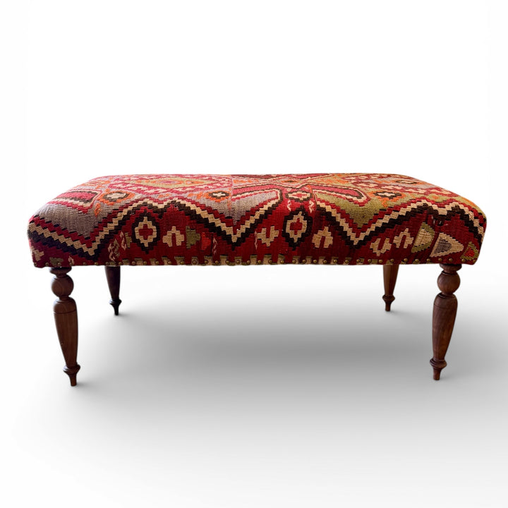 Custom Bench Upholstered in Vintage Turkish Rug with Nailhead Trim