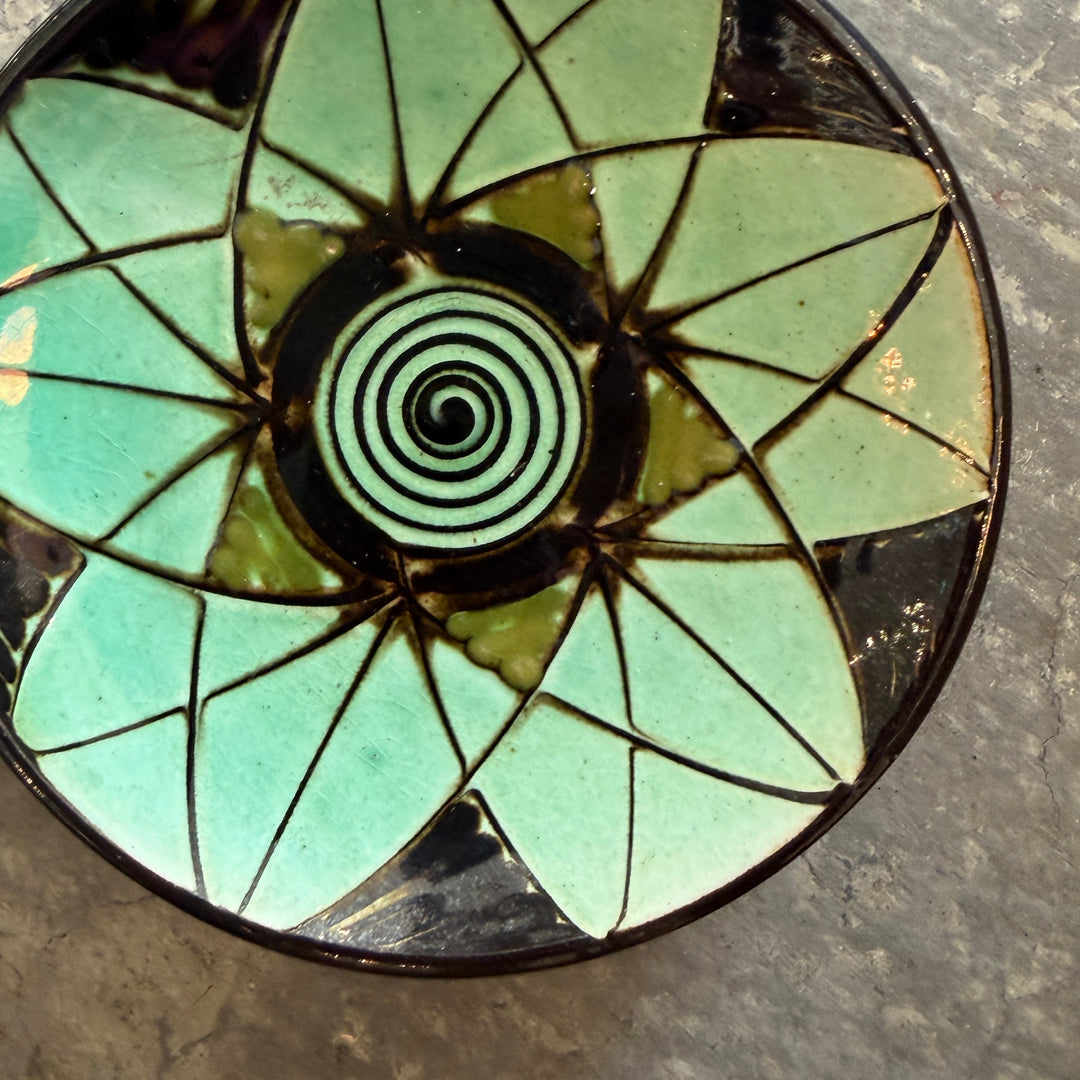 Vintage Small Flat Dish by HAK, Denmark, Signed | Green Flower w/ Spiral Center