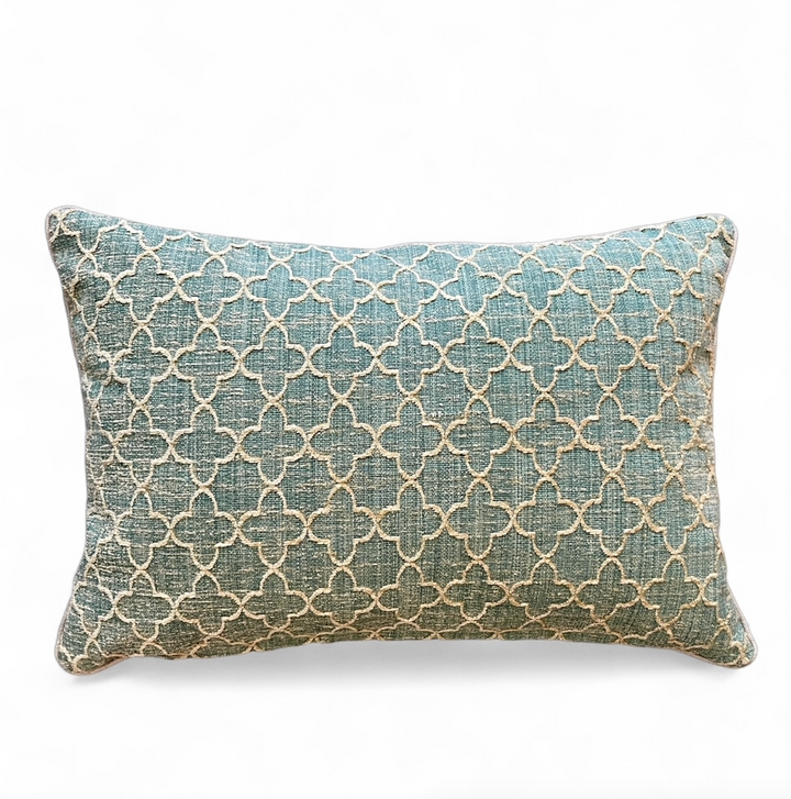 Custom 12" x 18" Pillow made from Cotton Linen Seafoam Blue Quatrefoil Design
