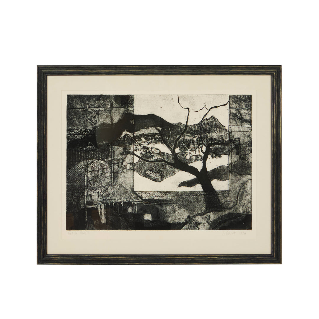 Vintage Black + White Etching of a Tree in a Landscape, Signed by Artist