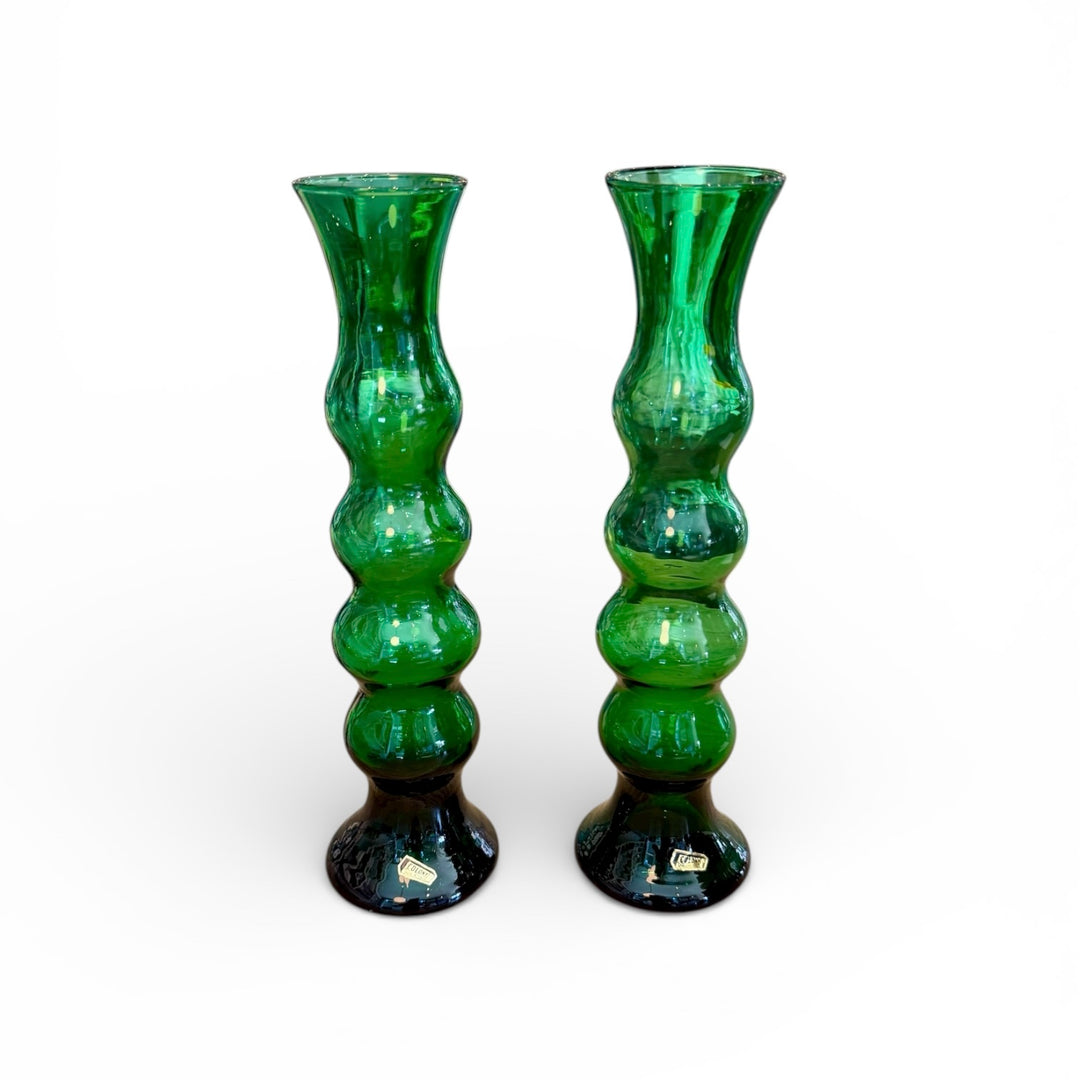 Vintage Green Glass Bud Vases, Italy | Pair