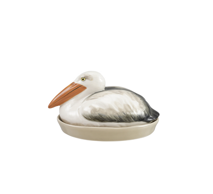 Hand-Painted Stoneware Pelican Shaped Butter Dish