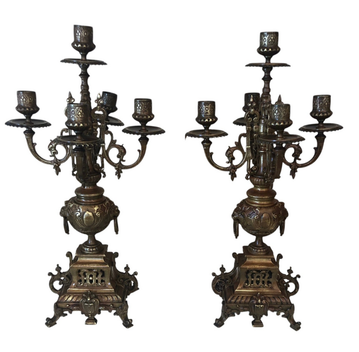 Antique Bronze Elaborate 5-Arm Candelabras | Pair