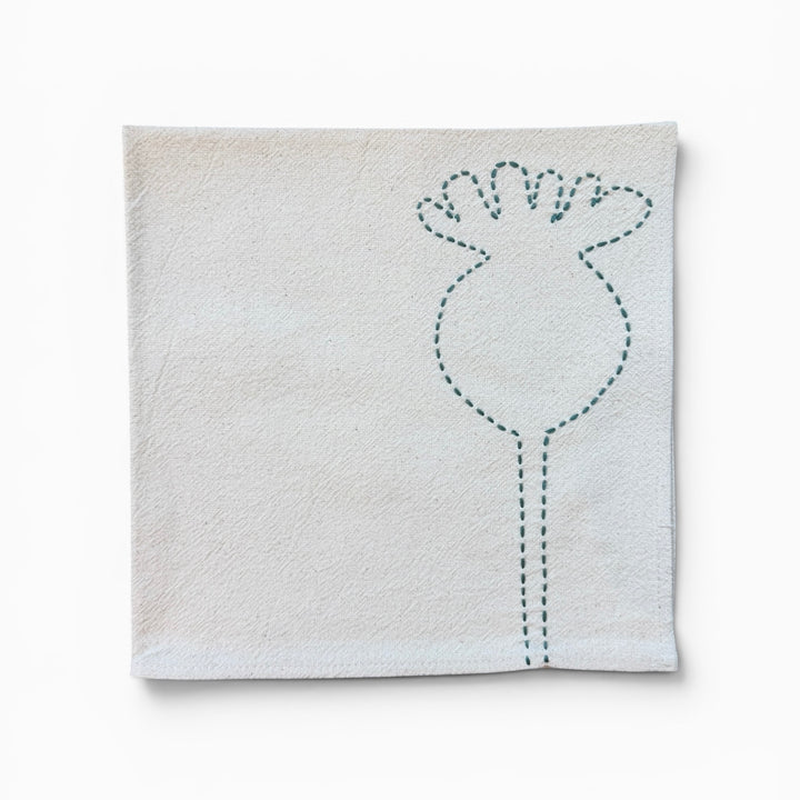 Valerie Barkowski Cotton Napkin w/ Hand-Stitched Poppy, Morocco | French Blue