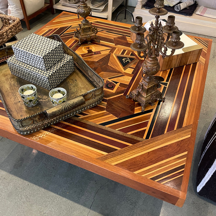 Vintage Handcrafted Marquetry Folk Art Coffee / Game Table