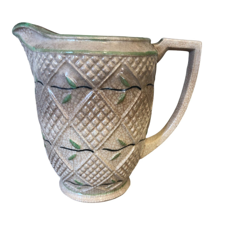 Vintage Pottery Pitcher w/ Diamond Pattern and Green Trim, Japan