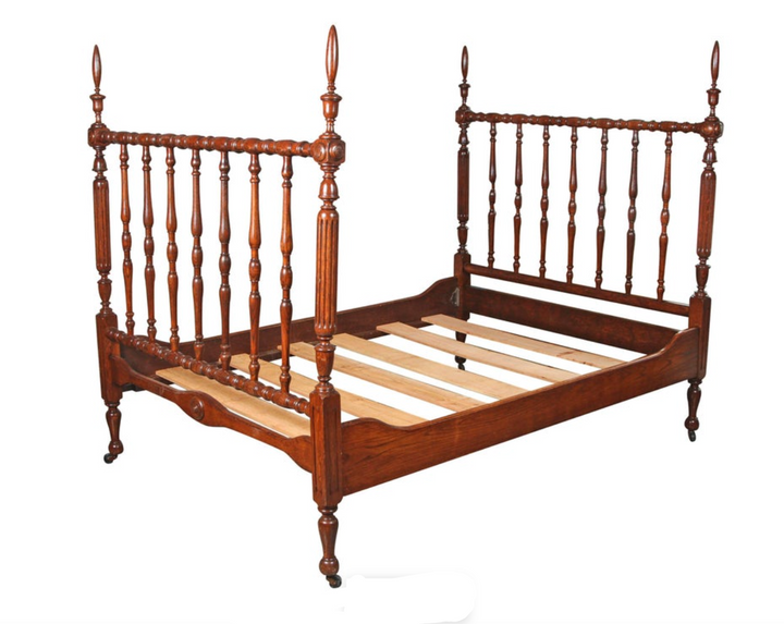 Antique 1930's Turned Walnut Spindle Full Size Bed on Original Casters