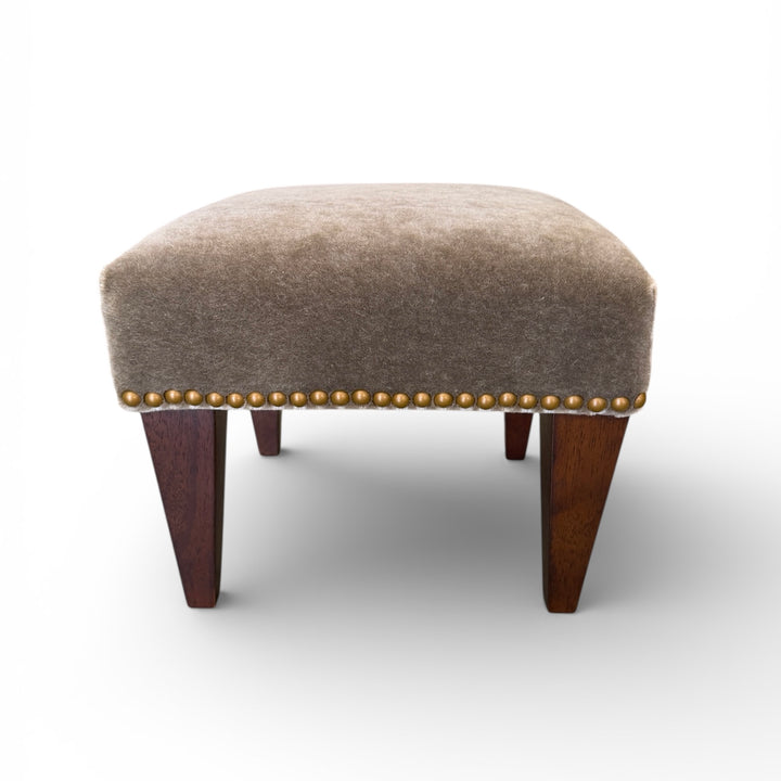 Custom Footstool Upholstered in a Mushroom Wool Mohair with Wood Legs
