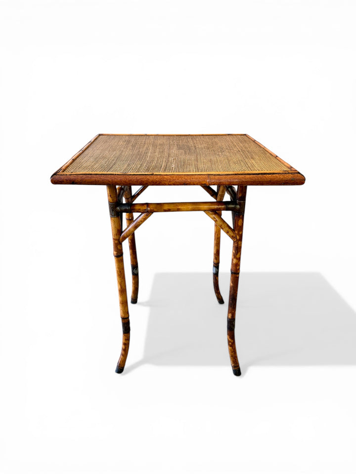 Antique Chinoiserie Tortoiseshell Bamboo + Grass Cloth Side Table