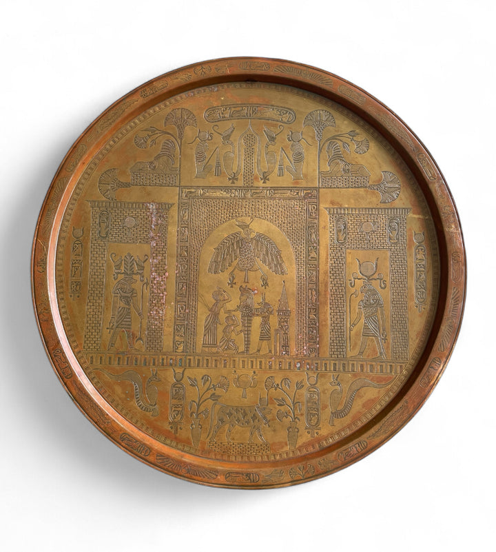 Antique Egyptian Revival Copper Tray with Hieroglyphic Motifs
