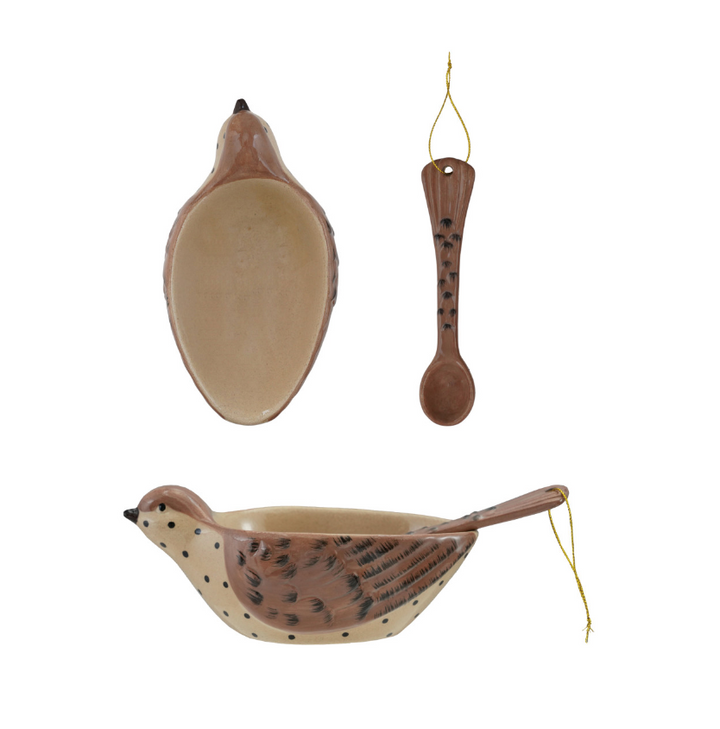 Hand-Painted Stoneware Bird Shaped Bowl + Tail Shaped Spoon