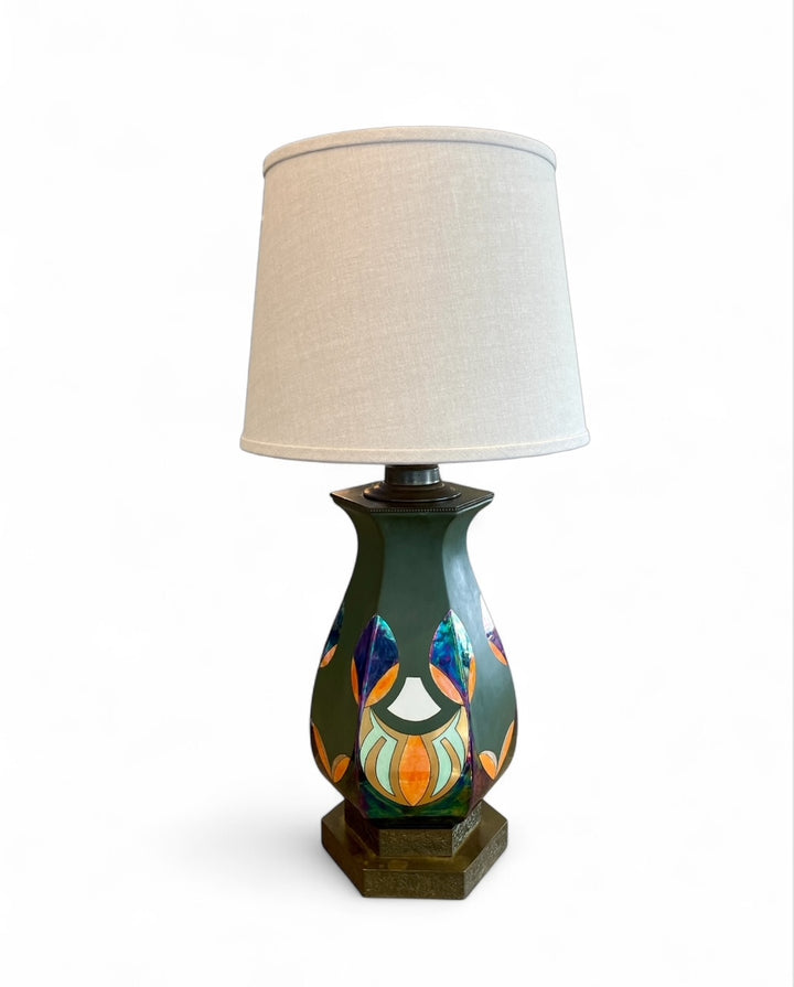 Art Nouveau Hexagonal Metal Lamp w/ Iridescent Enamel Motif Surround