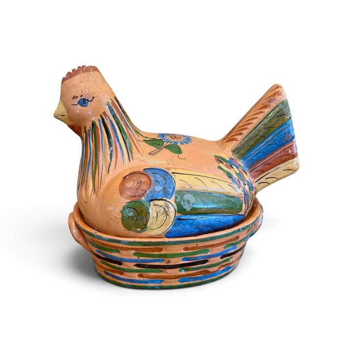 Vintage Mexican Tlaquepaque Folk Art Pottery Hen Covered Casserole | B