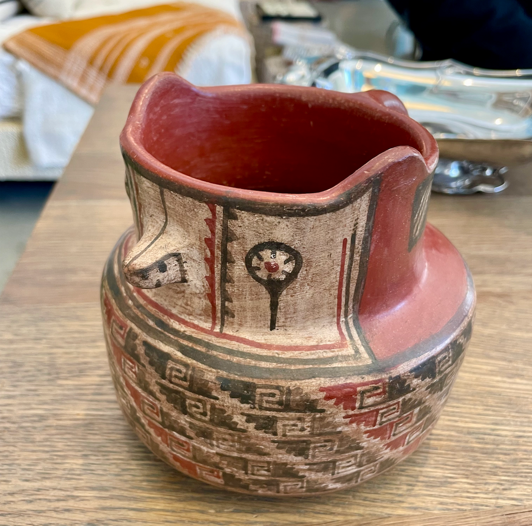 Vintage Handmade Owl Pottery Pitcher with Hand Painted Patterns, Chile
