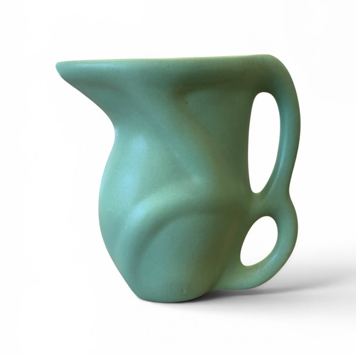 Vintage Post-Modern Pottery Pitcher w/ Double Handle + Matte Green Glaze