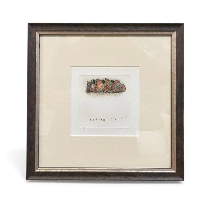 Hand Colored Etching of Junks in the Harbor by Law Wai Hin, Newly Framed | D