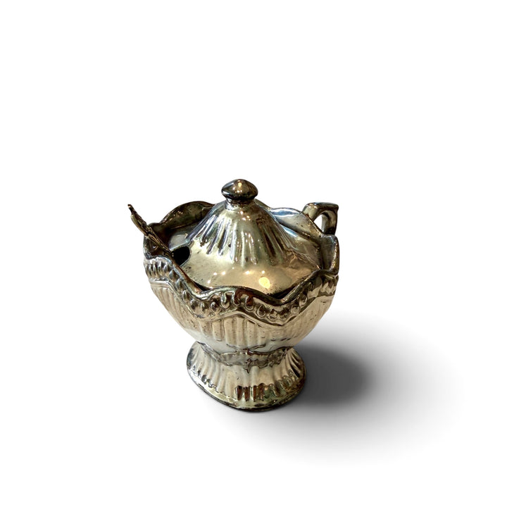 Antique English Lustreware Pottery Lidded Sugar Bowl w/Sterling Spoon | XS