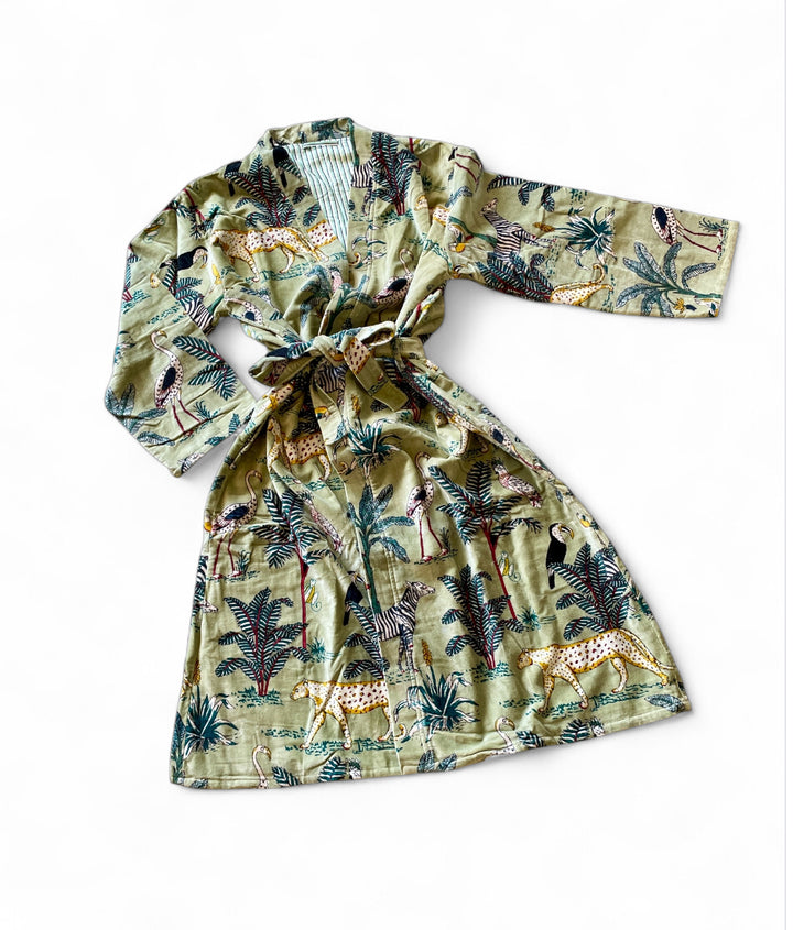Custom Hand Printed Cotton Velvet Robe | Sage Safari