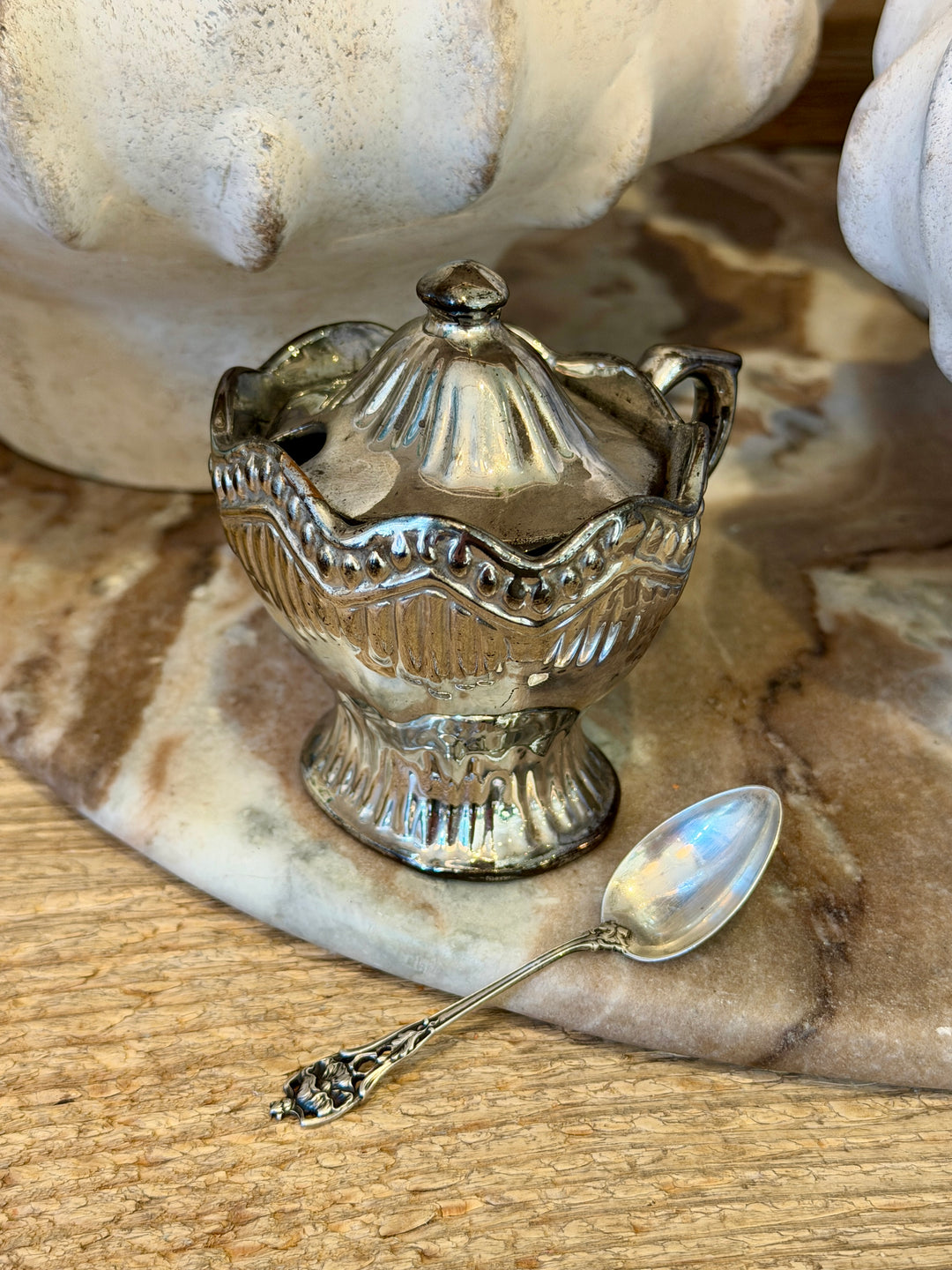 Antique English Lustreware Pottery Lidded Sugar Bowl w/Sterling Spoon | XS