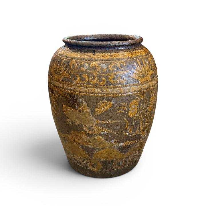 Large Antique Chinese Stoneware  Pickling Jar w/ Bird + Bamboo Motif