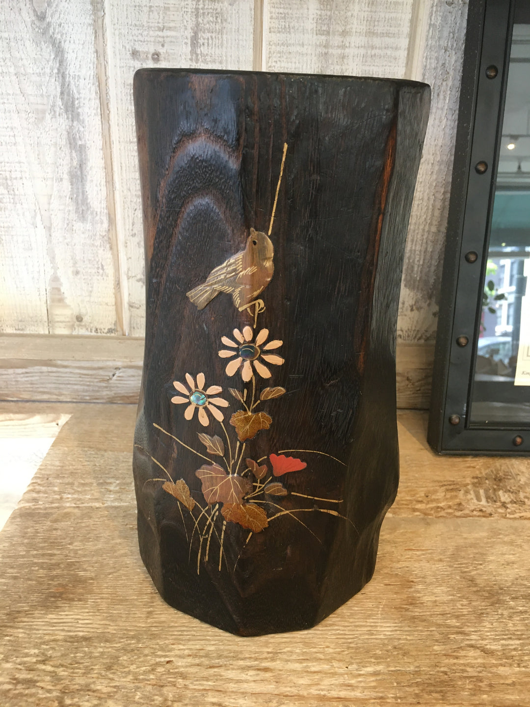 Vintage Wood Log Vase w/ Intricate Mixed Media Inlay Decoration, Japan