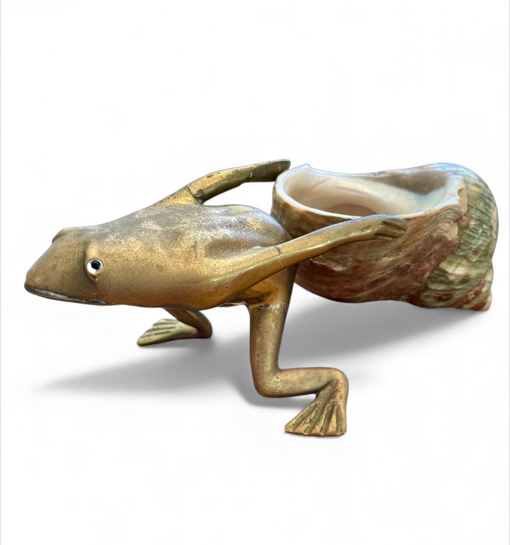 Vintage Sculpted Bronze Frog Pulling Green Turban Shell, Signed by the Artist