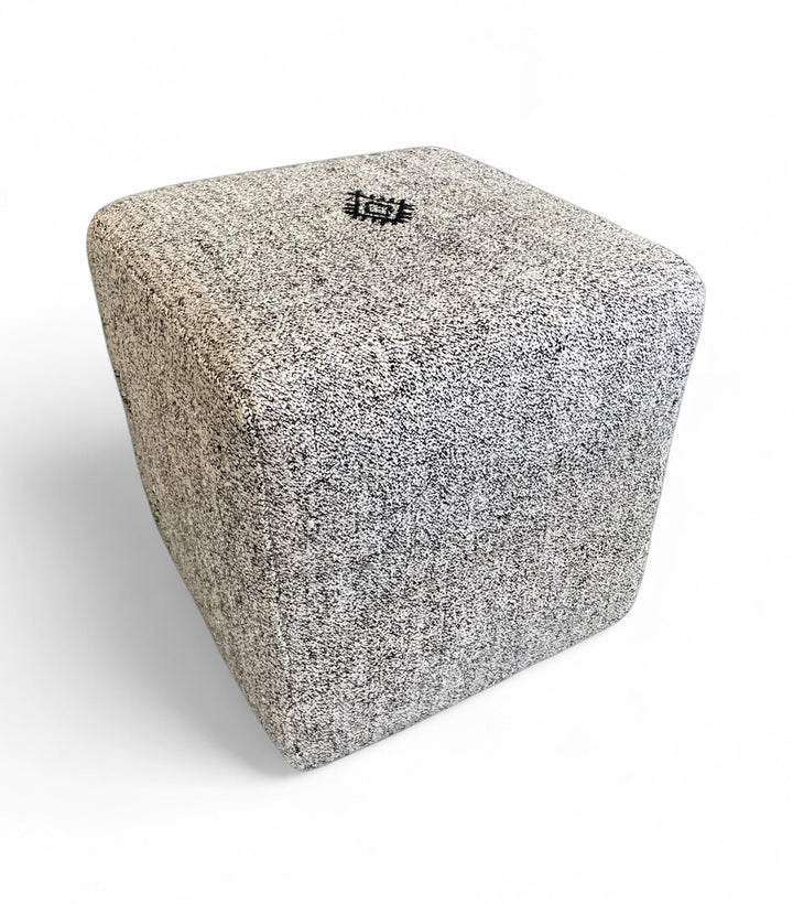 Custom 18" x 18" x 18" Cube Stool, Upholstered in a Vintage Black + Cream Wool Rug, Turkey