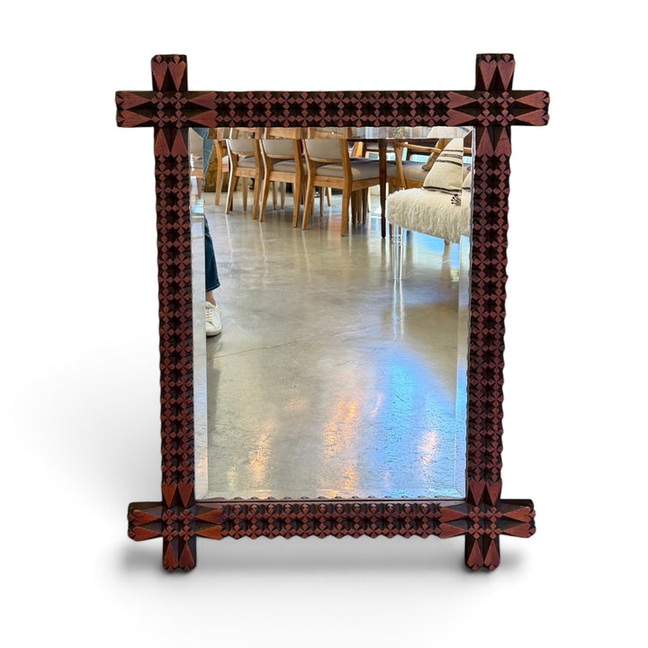Antique Hand-Carved Tramp Art Frame w/ New Beveled Mirror