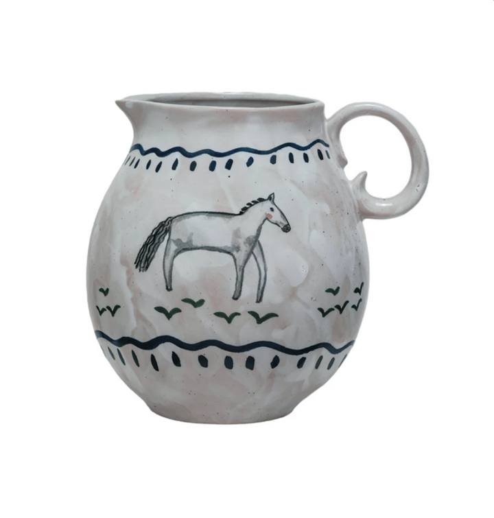 2-1/2 Quart Hand-Painted Stoneware Pitcher w/ Horse