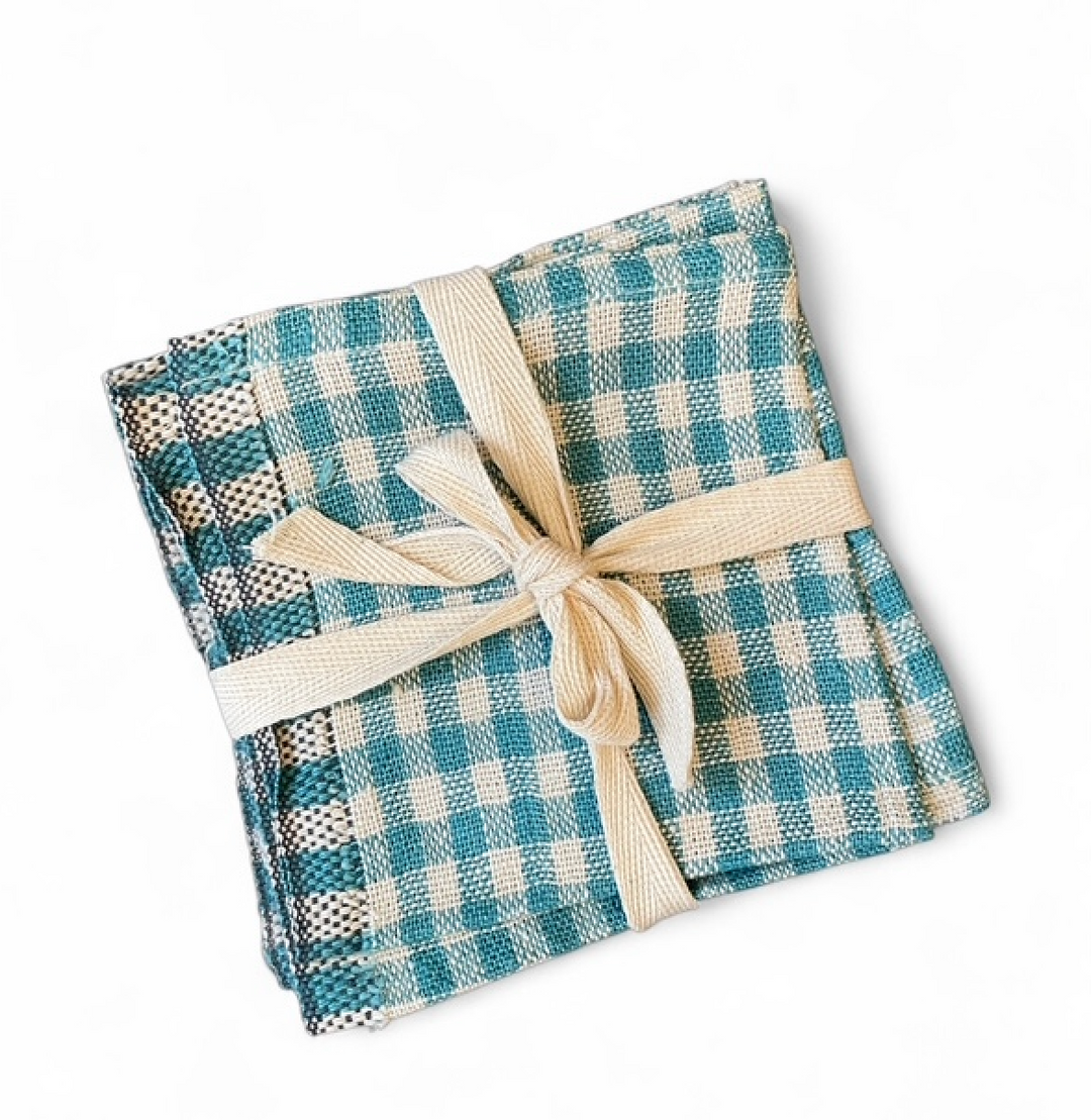 Woven Linen Cocktail Napkins, Teal  Gingham | Set of 4
