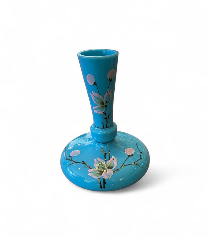Vintage French Blue Opaline Glass Bud Vase w/Hand-Painted Flowers