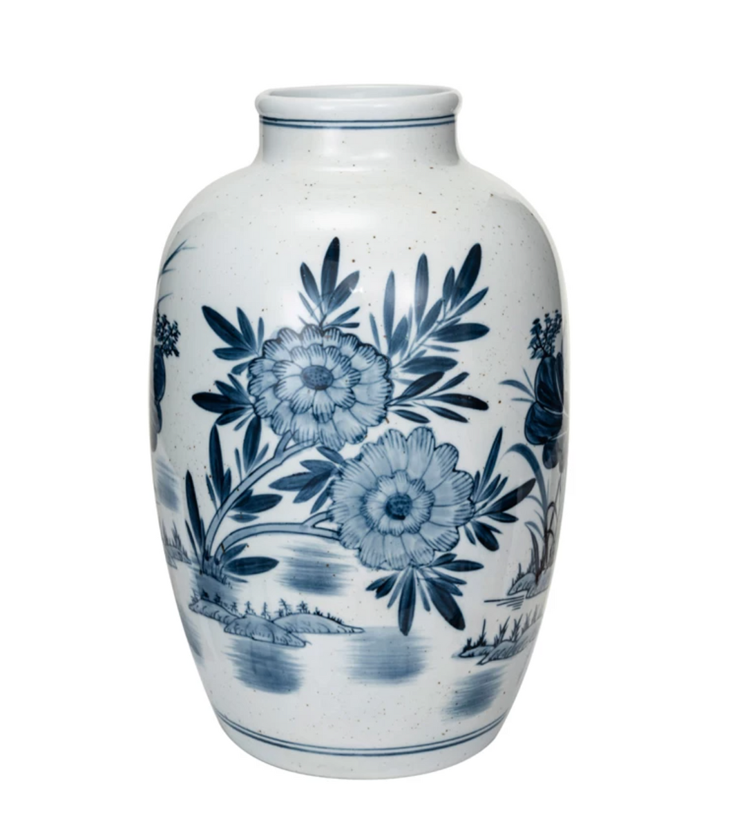 Hand-Painted Stoneware Vase w/ Blue + White Floral Motif