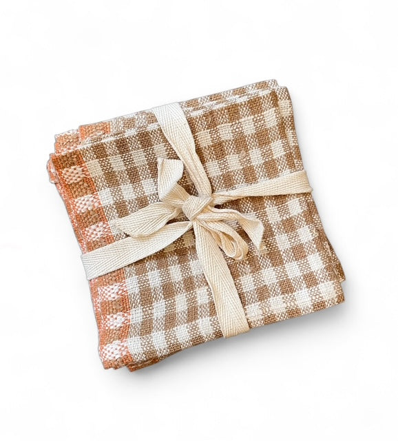 Woven Linen Cocktail Napkins, Brown Gingham | Set of 4