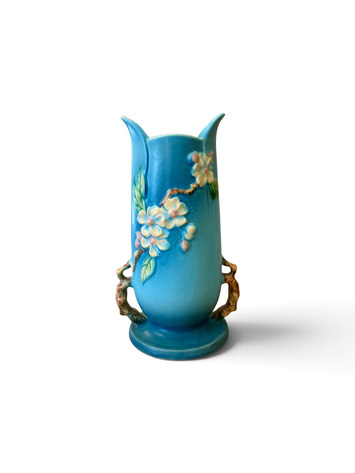Vintage Roseville Pottery Blue Apple Blossom Vase c 1948