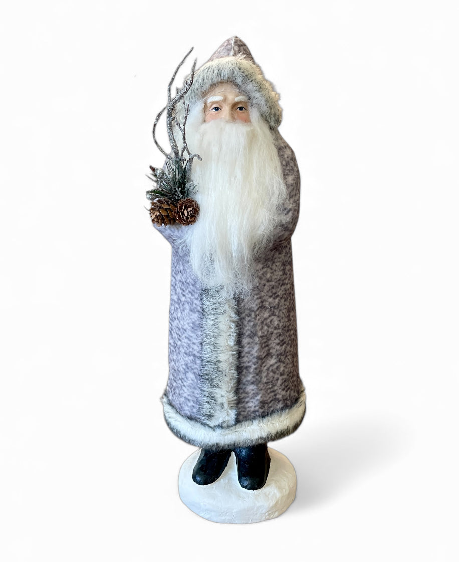 17" Gray Fur Coat Santa w/ Pine