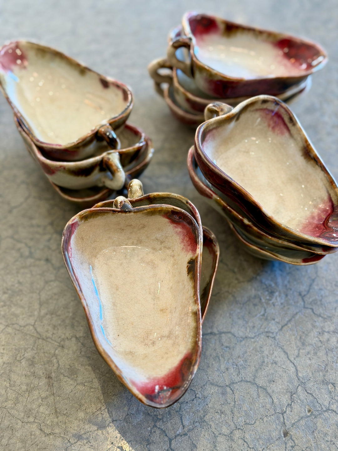 Vintage Handmade Glazed Ceramic Nut Dishes w/Stem Handles | Set of 12