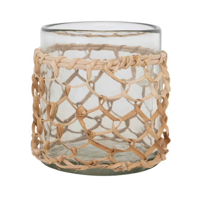 Glass Rattan Wrapped Votive Holder with Woven Rattan Sleeve