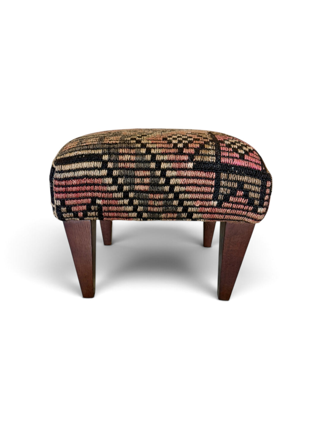 Custom Footstool Upholstered in a Vintage Patterned Rug, Turkey with Wood Legs