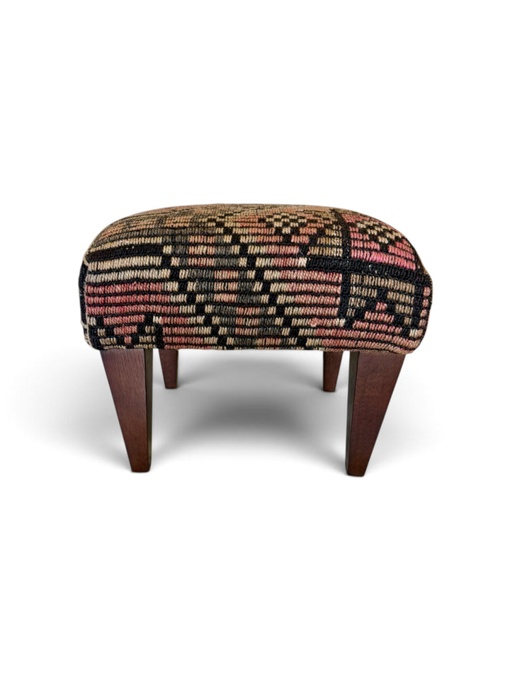 Custom Footstool Upholstered in a Vintage Patterned Rug, Turkey with Wood Legs