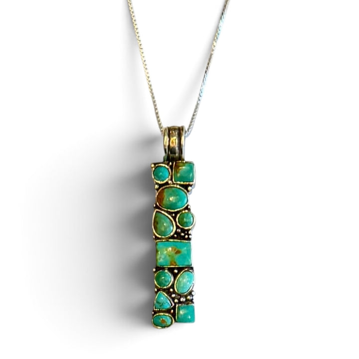 Vintage  Turquoise + Silver Vertical Pendant Necklace on New 18" Sterling Chain