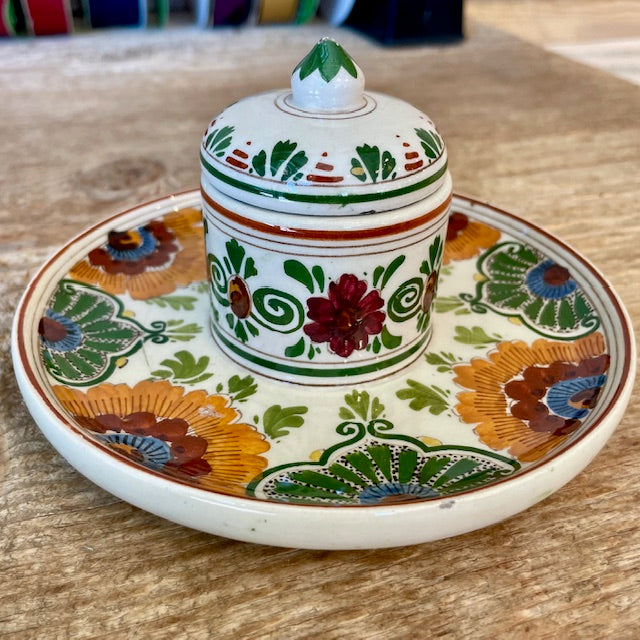 Vintage Hand-Painted Gouda Pottery Covered Inkwell w/ Tray, Holland